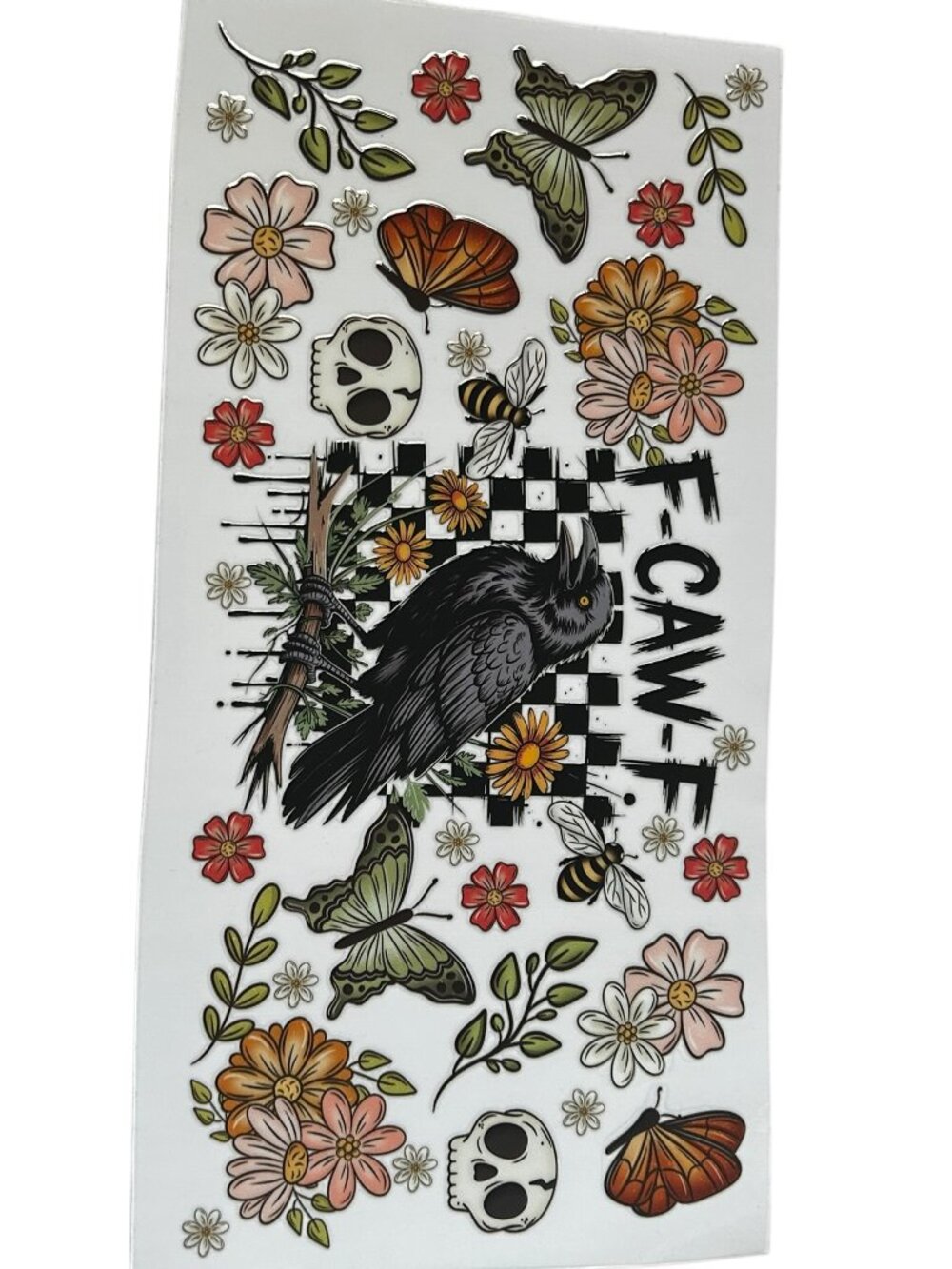 F-CAW-F Crow Cup Wrap | Funny Gothic Raven Tumbler Wrap | Skull & Floral Design